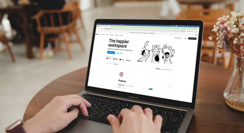 Laptop screen displaying the workspace tool Notion.